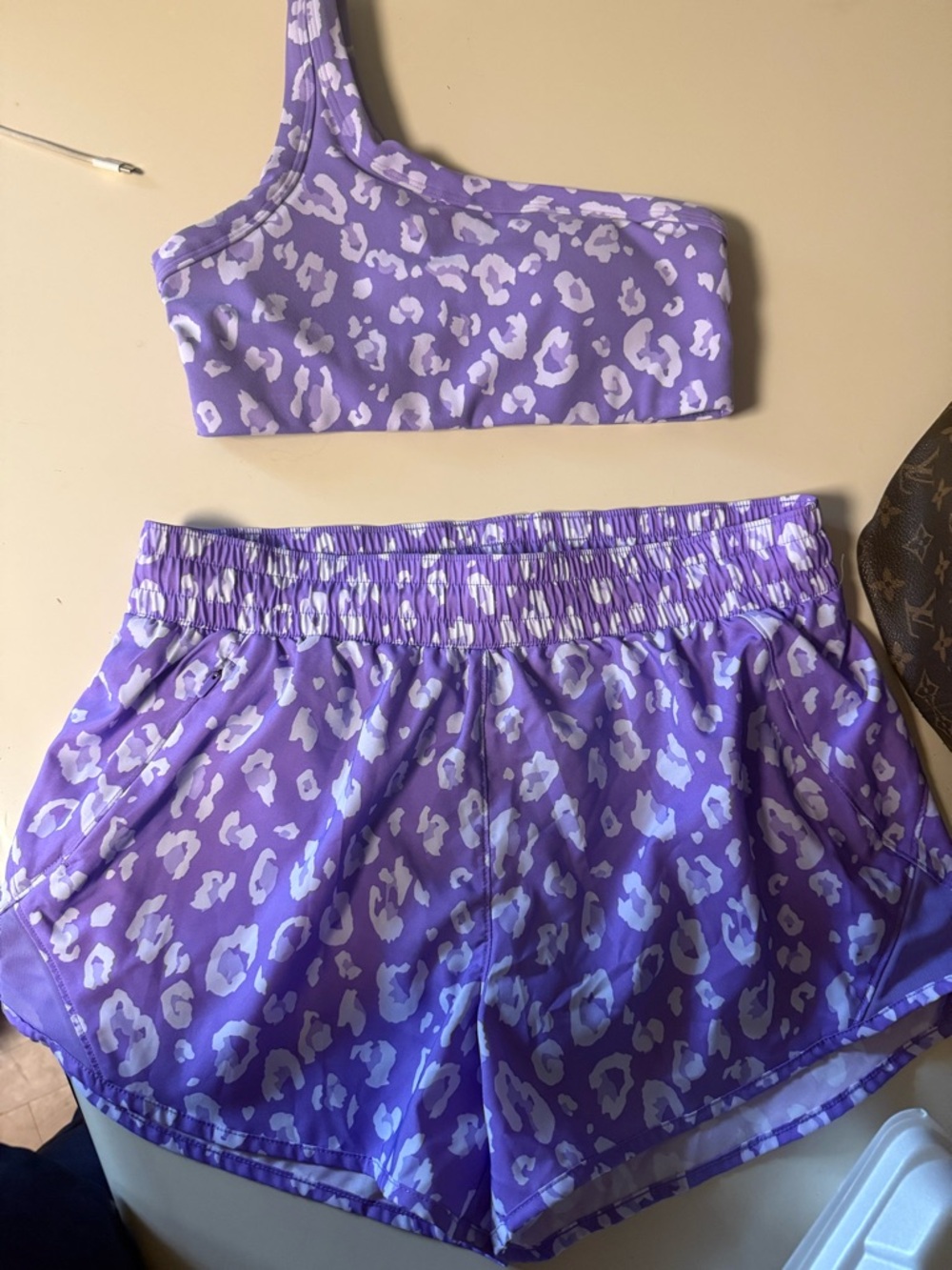 all in motion Purple Leopard One-Shoulder Sports Bra xs & Shorts small